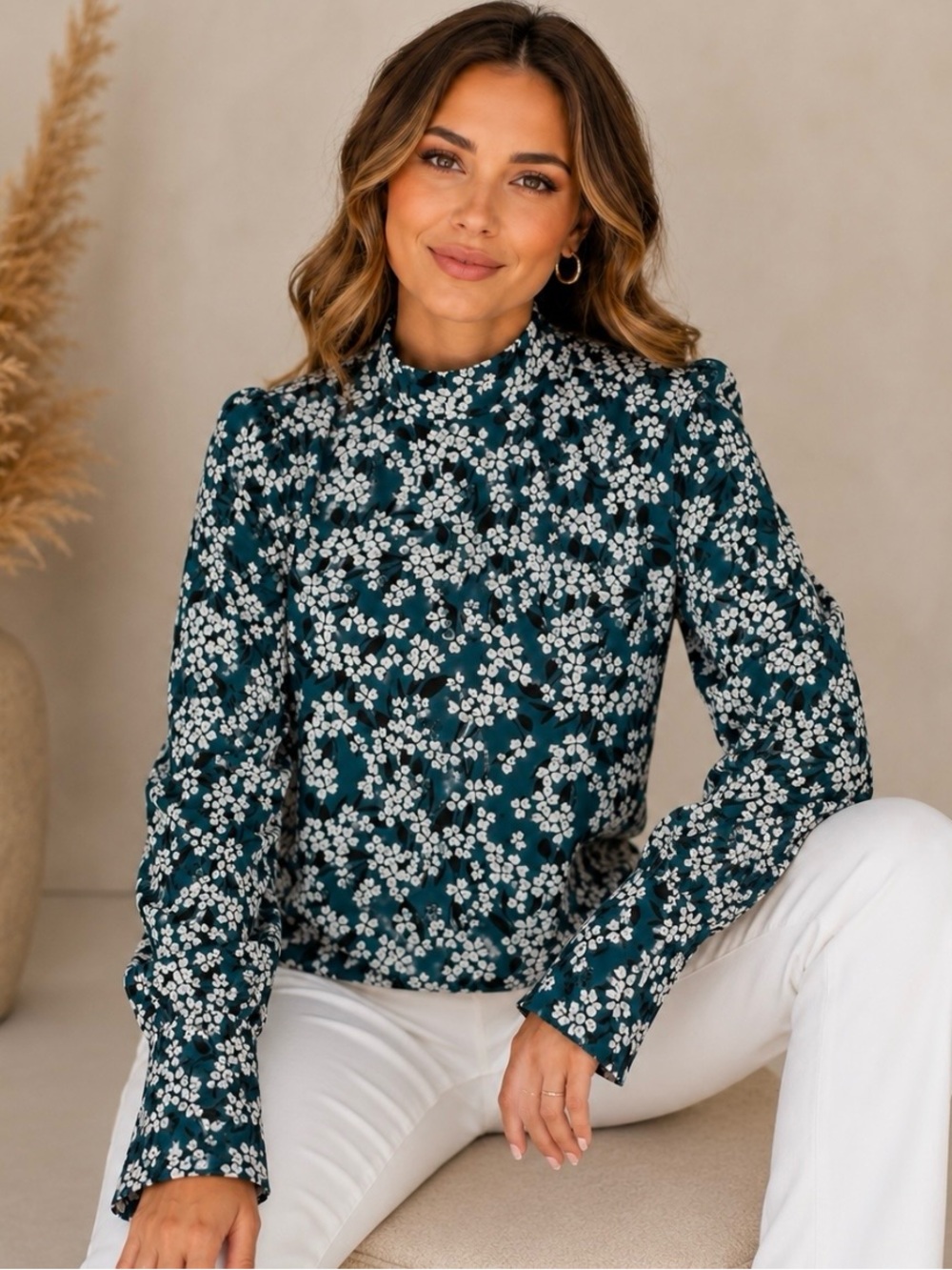 Who What Wear Mock Neck Teal Blouse Sz M Dancing Clover Floral Balloon Sleeve
